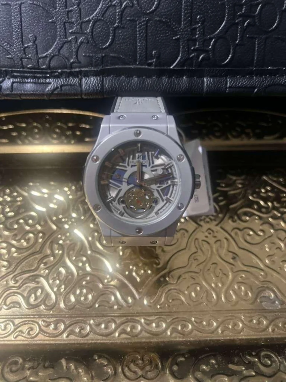 Silver White Skeleton Dial Men's Watch with White Leather Strap